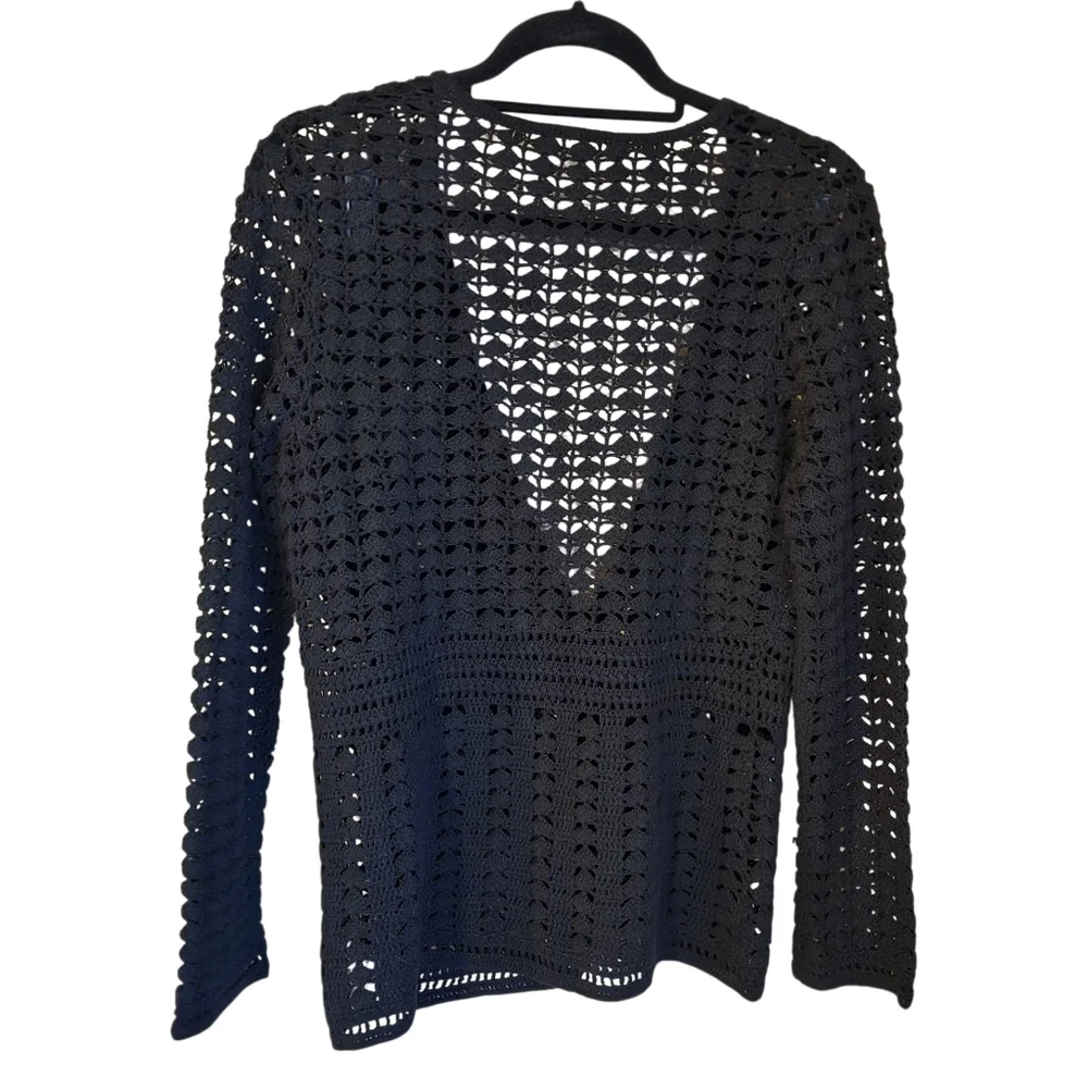 Black Crochet Lace Cardigan Open Knit Boho Whimsigoth V-Neck Button Front